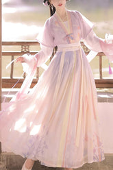Multi-Color Round Collar Long Trumpet Sleeves High Waisted Print Sweet Hanfu Full Set